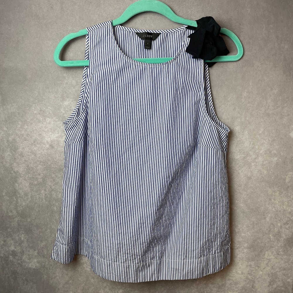 J. Crew Shirt Womens 8‎ Striped Top Bow Shoulder Blue White Cotton Nautical Tank